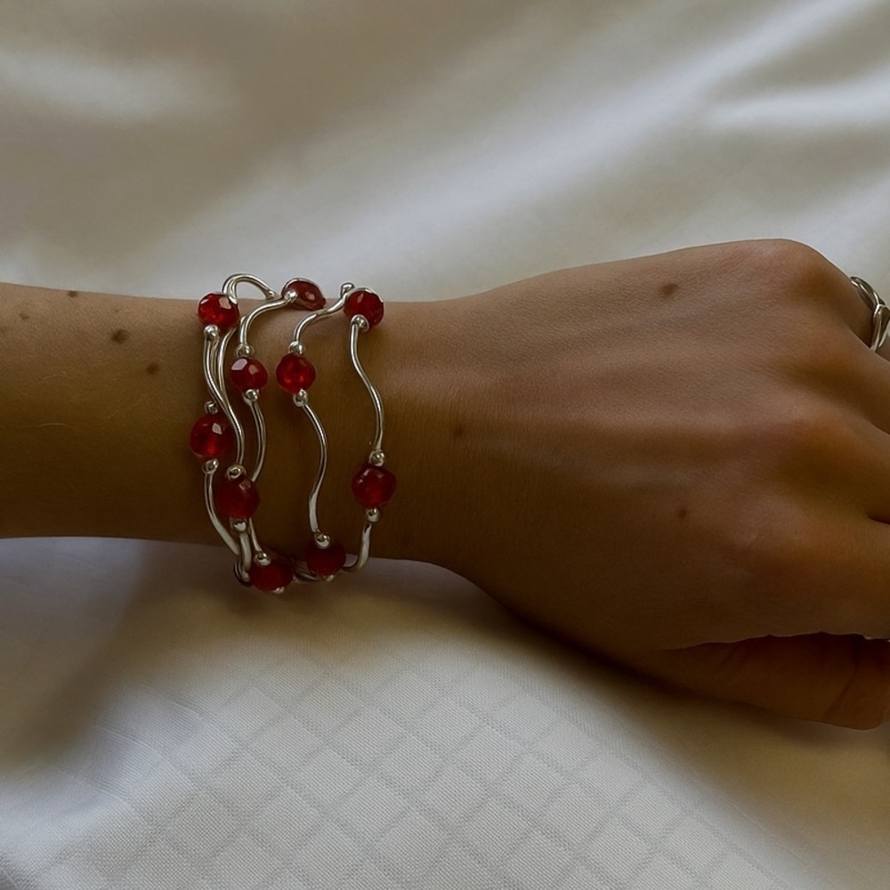 Set Of 3 Silver Tone Red Bead Coil Stretch Bracelets